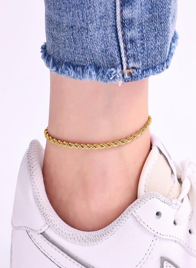 Fiusem 18K Gold Plated Anklet for Women, 3mm 18K Gold Plated Stainless Steel Braided Rope Anklet, Women's Anklets 9" - Image 2